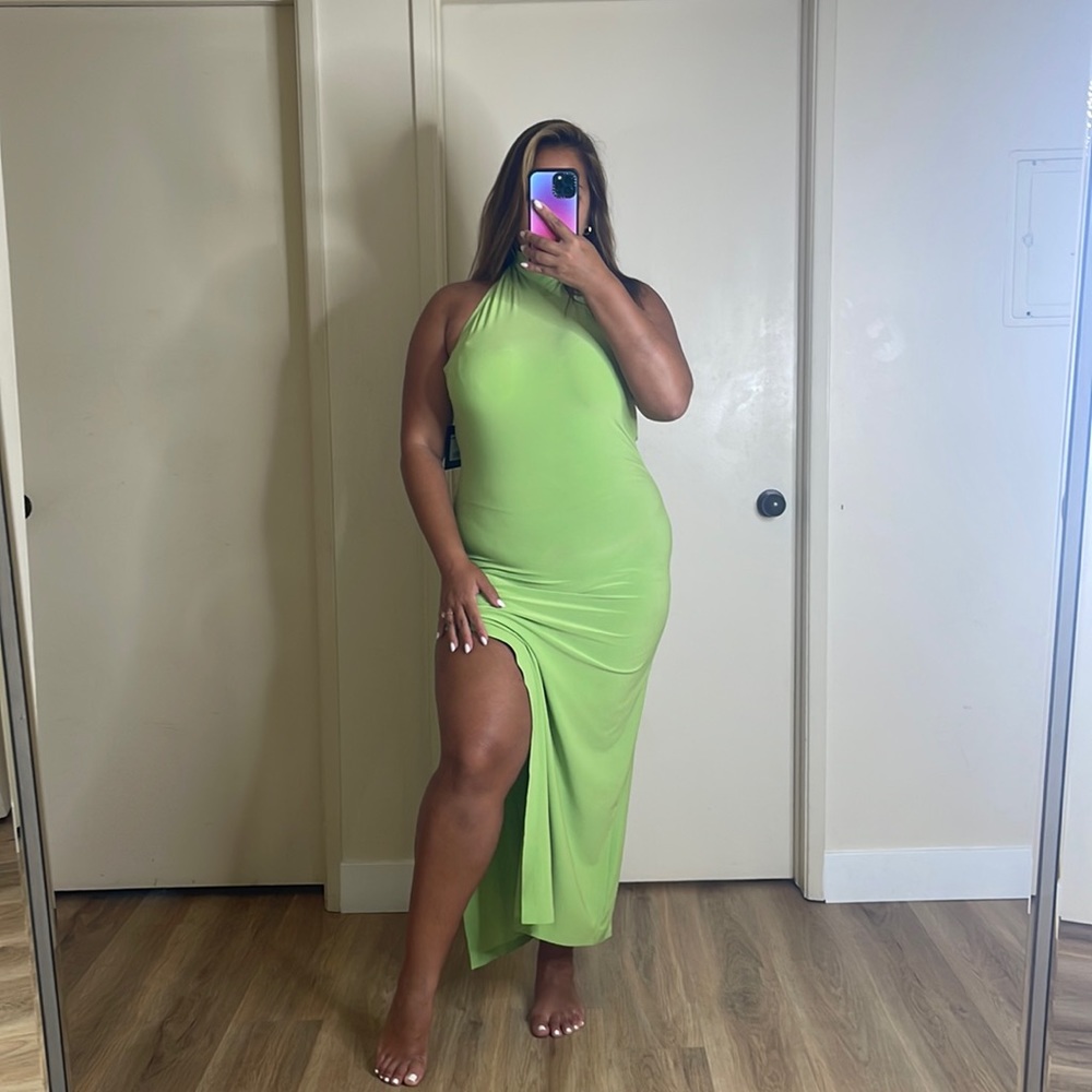 Amanda Uprichard Neon Lime Halter Maxi Dress with Side Slit